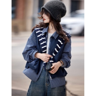 拼接显瘦外套 减龄气质休闲格纹衬衫 已出货 翻领假两件25秋季