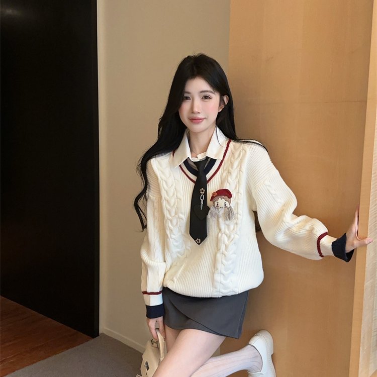 实拍 超好看学院风减龄假两件拼接衬衫领撞色百搭套头毛衣