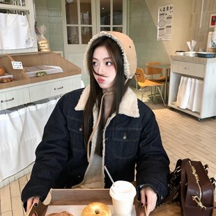 加绒加厚高级感夹克上衣 复古羊羔毛牛仔外套2025新款 已出货 美式