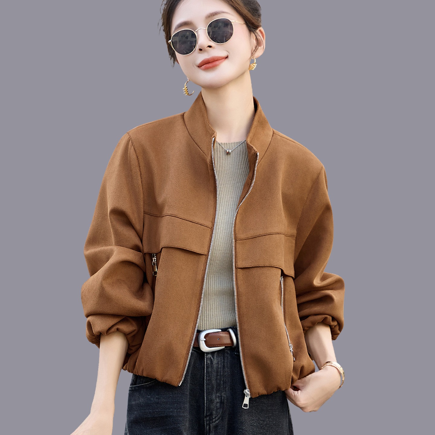立领外套女小个短款2025春秋新款流行复古休闲宽松鹿皮绒夹克上衣