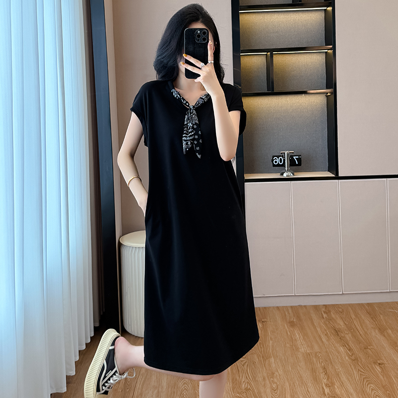 时尚设计感宽松显瘦丝巾拼接连衣裙2025夏新款减龄气质休闲中长裙