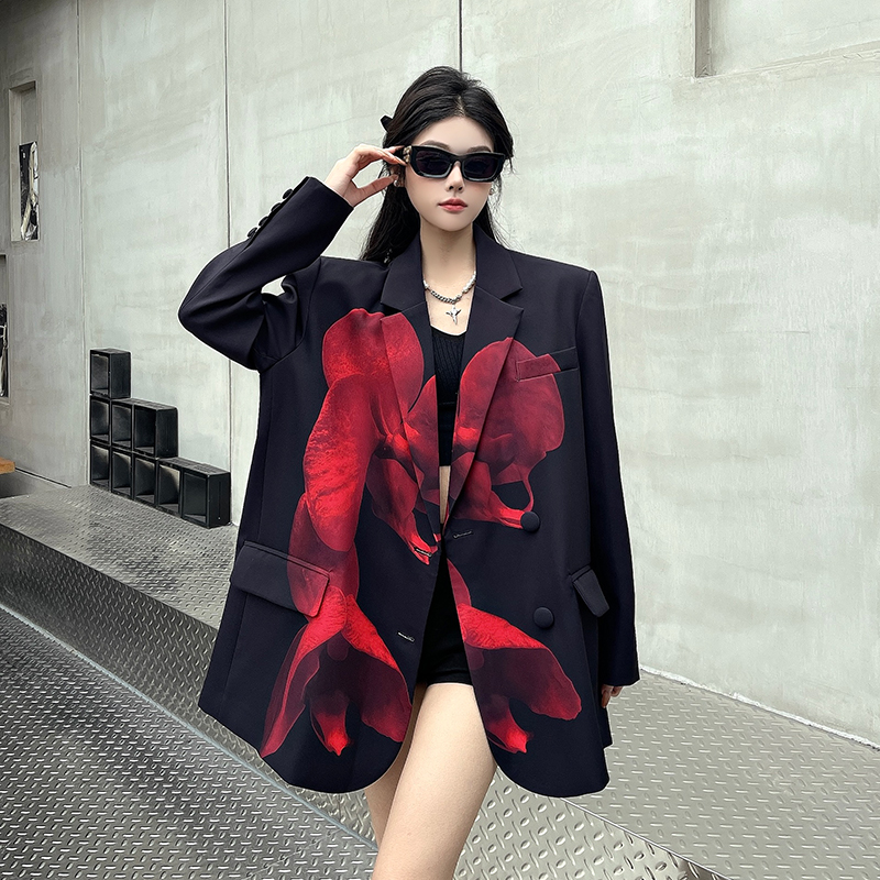 实拍实价 春秋新款黑红撞色西装外套女高级感印花设计西服上衣潮