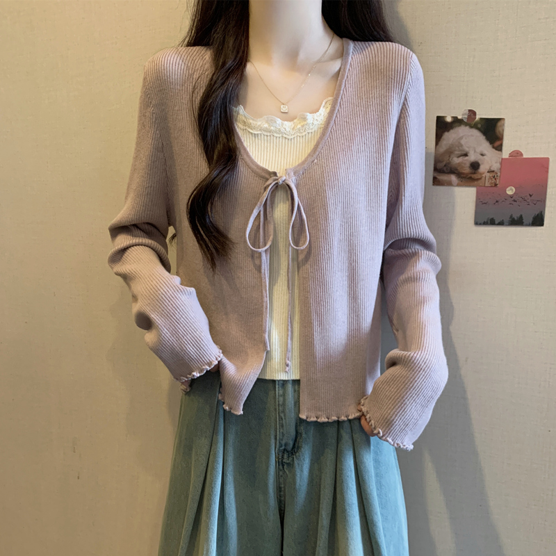 实拍胖mm秋装大码女装针织衫显瘦假两件小香风木耳边正肩别致上衣