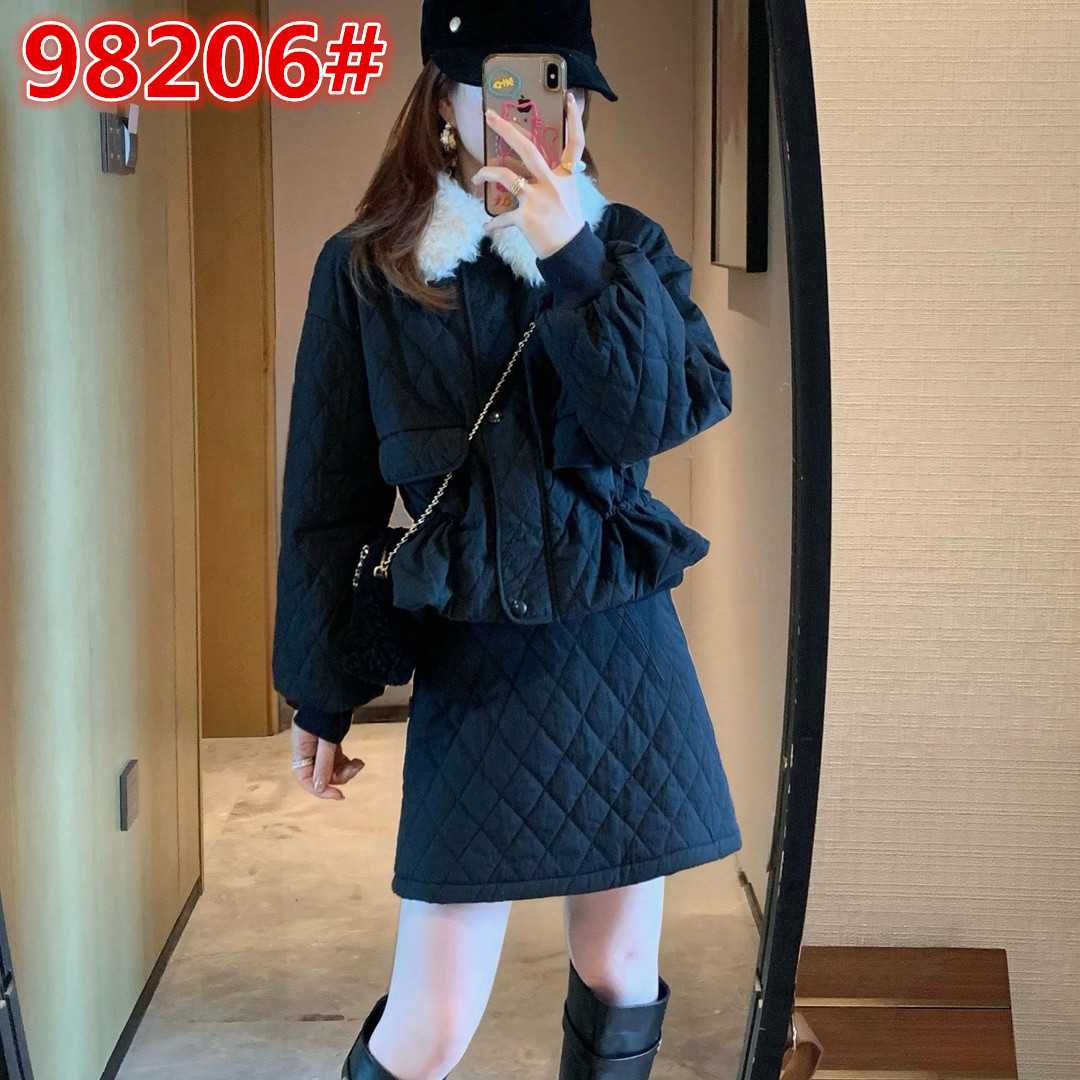 菱格毛领短款时尚韩版小香风棉服收腰外套半身裙两件套装