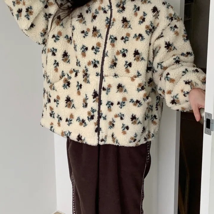 chic 韩版冬季时尚减龄碎花夹棉复古羊羔毛宽松百搭卫衣夹克外套