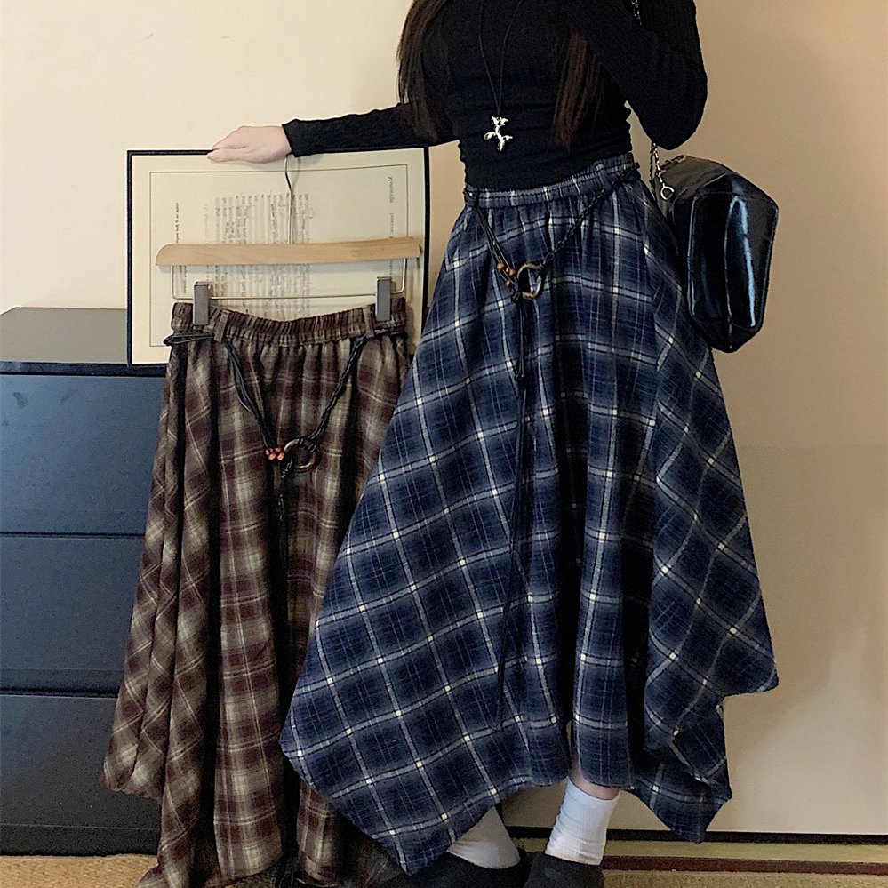 实拍大码女装秋厚款美拉德格子半身裙不规则下摆A字大摆伞裙