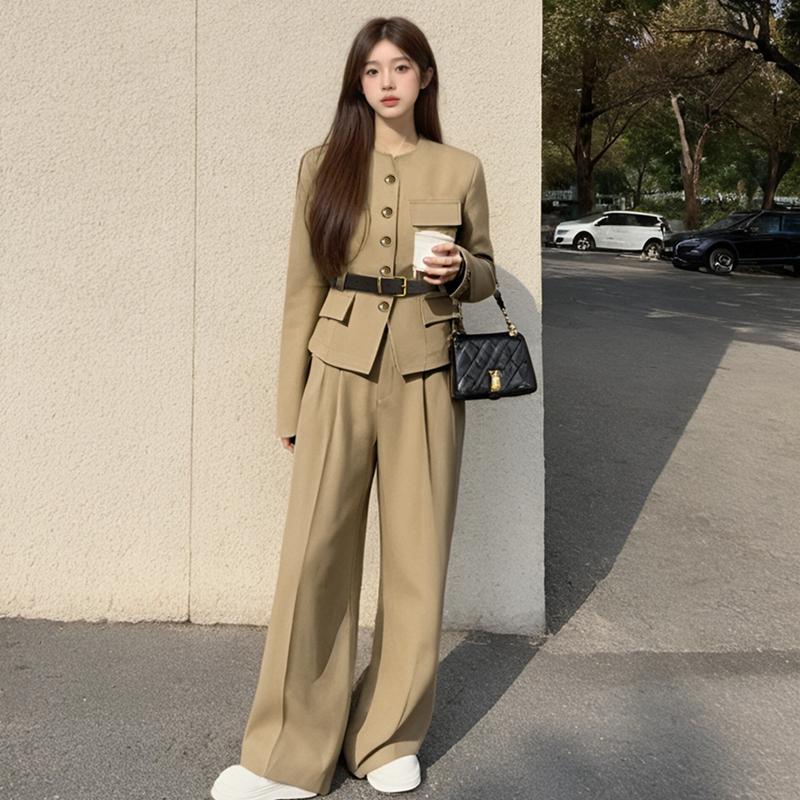 实拍认证 英伦风极简通勤套装单排扣西装外套高腰阔腿裤两件套
