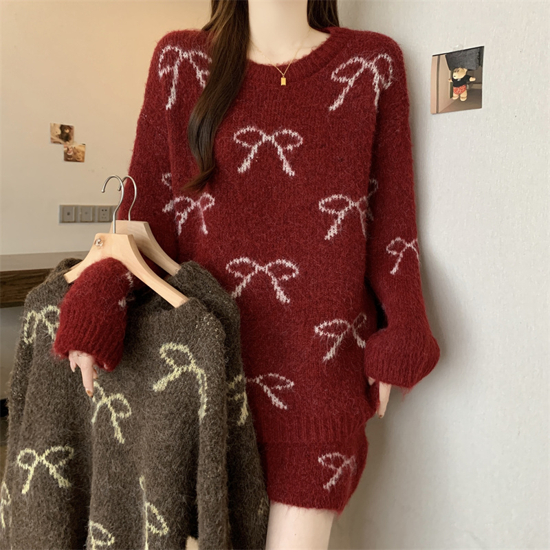 实拍大码秋冬新款蝴蝶结宽松毛衣半身裙子两件套装裙女新年红