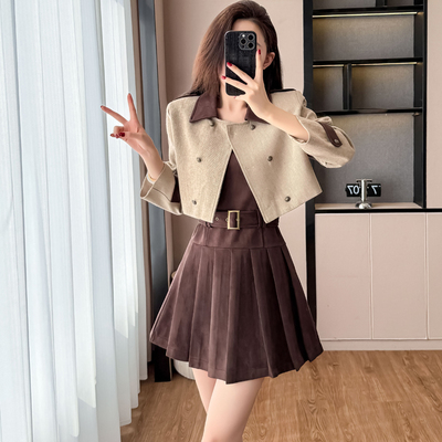 小香风外套加吊带连衣裙两件套女欧货2025秋季新款鹿皮绒裙子套装