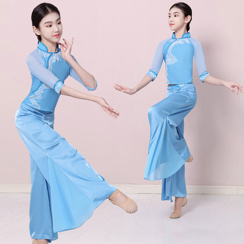 古典舞服装诗雨江南碇步桥演出服儿童外婆桥舞蹈云水谣踩水舞蓝