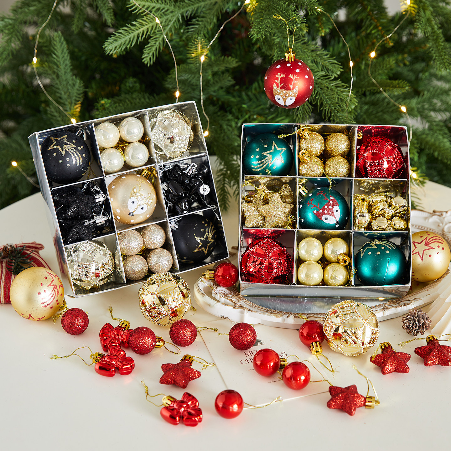 新款圣诞节装饰品圣诞球电镀异形塑料吊球彩绘球圣诞树挂件盒装
