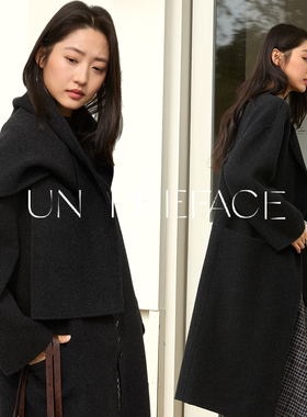 Un Preface高智可拆卸围脖双面羊绒大衣女高级感桑蚕丝羊绒中长款