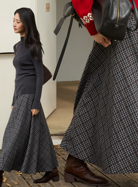 Un Preface复古学院风灰色格纹半身裙羊毛长款加厚A字显瘦伞裙