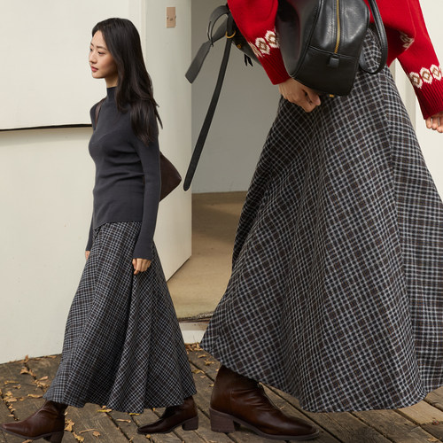 灰色学院风格纹半裙羊毛长款加厚