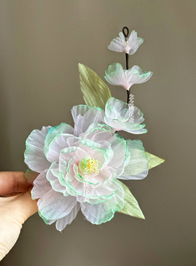 薄纱牡丹烫花手工发夹仙气古风