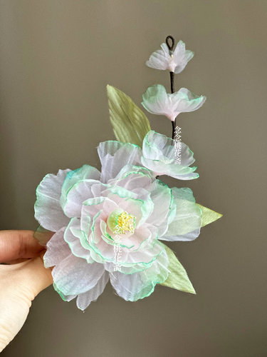 薄纱牡丹烫花手工发夹仙气古风
