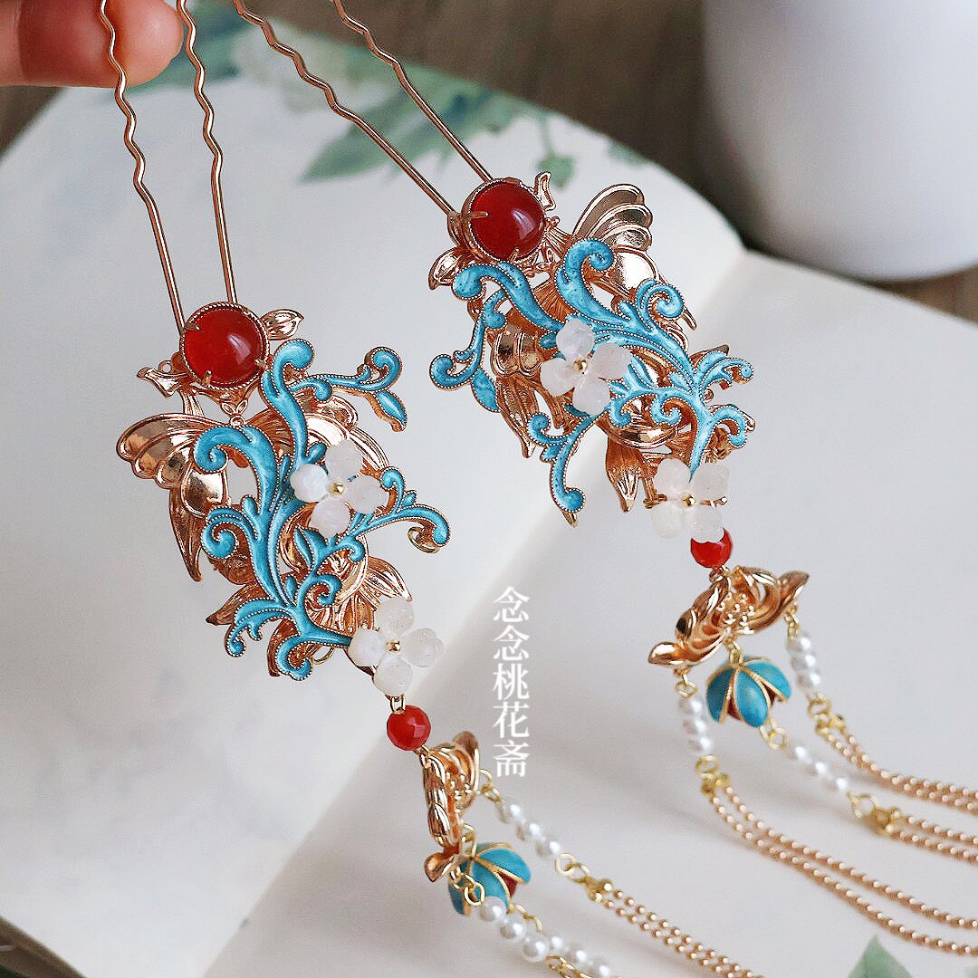 【婧宁】仿点翠烧蓝发钗长流苏步摇小u钗古风汉服发饰新娘头饰女