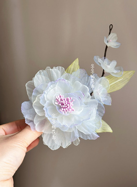 【春庭雪】牡丹烫花发夹薄纱绢花古风汉服发饰国风仙气花神头饰女