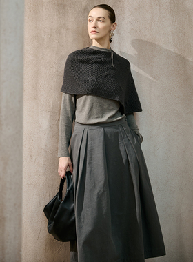 Famecoco文艺范设计感3套羊毛针织衫披肩外搭半身裙套装FAD6EA100