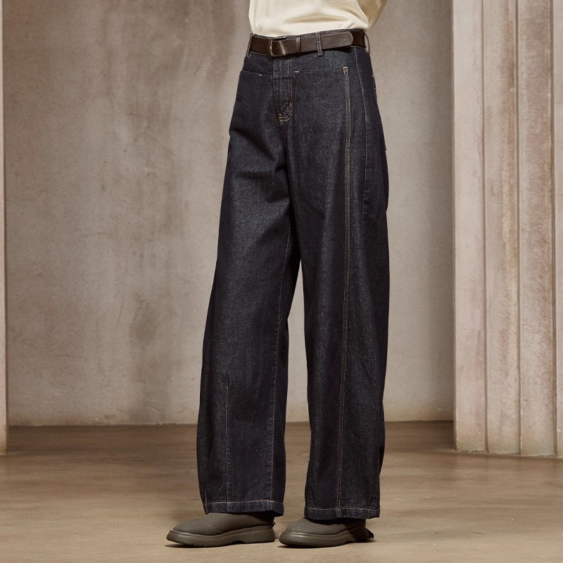 Famecoco设计感显瘦高腰弯刀裤