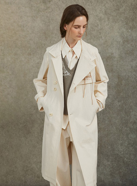 Famecoco高级感手工刺绣长款风衣通勤直筒气质立领外套FAC6AT008