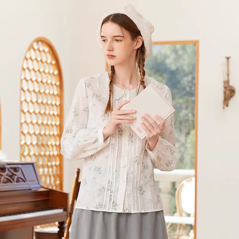 原创双层花边领文艺花衬衫