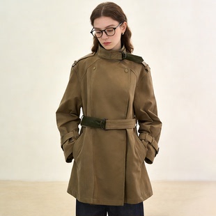 Famecoco帅气拼皮立领风衣时尚 FAE1AV103 简约休闲一手长外套春季