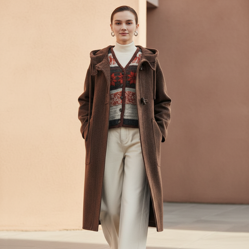 Famecoco范可儿宽松休闲连帽牛角扣大衣长款双面尼外套FAD8AQ108