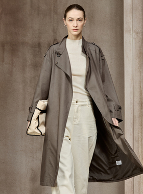 Famecoco极简风衣经典英伦风知识分子立领收腰长款剪裁FAD1AT101