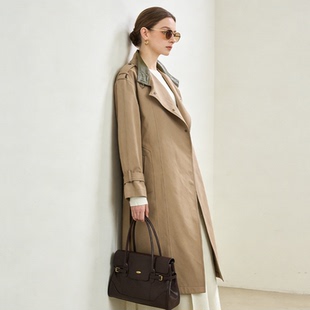 Famecoco范可儿酷飒休闲立领拼皮风衣简约通勤长款外套FAE1AT104