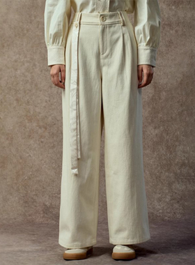 Famecoco极简高腰阔腿裤洗水棉宽松显瘦加厚加长直筒裤FAC8GA016