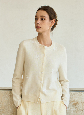 Famecoco温柔知性手工钉珠绣花圆领羊毛开衫宽松百搭FAC8DE005