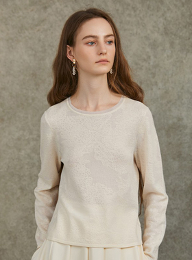 Famecoco范可儿优雅气质针织打底衫欧根纱拼接圆领毛衫FAC6DB006