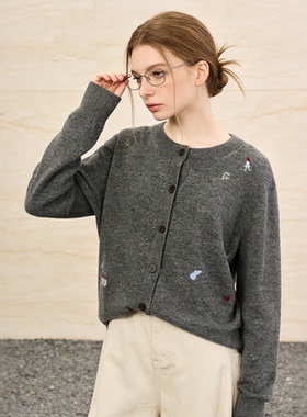 Famecoco范可儿100%绵羊毛套头开衫趣味印花针织衫短款FAD8DA110