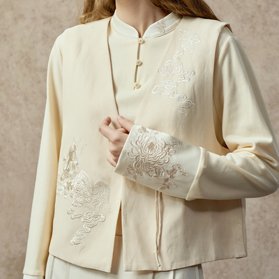 中式绣花盘扣醋酸丝麻外搭马甲