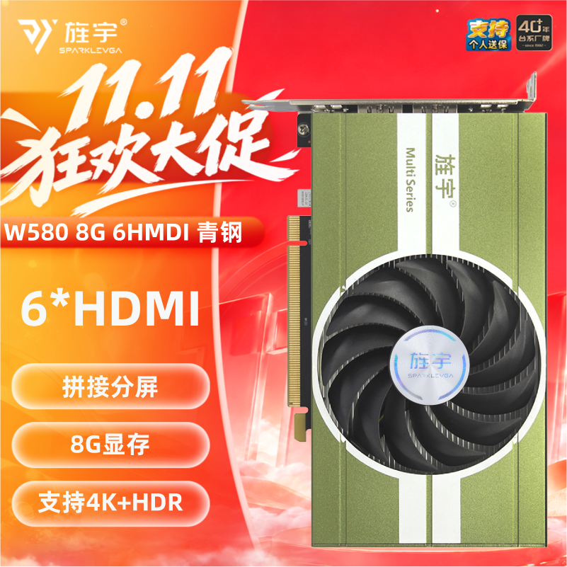 旌宇多屏显卡 6屏HDMI原生接口 W580 6HDMI TANK 青钢 8G无需转接