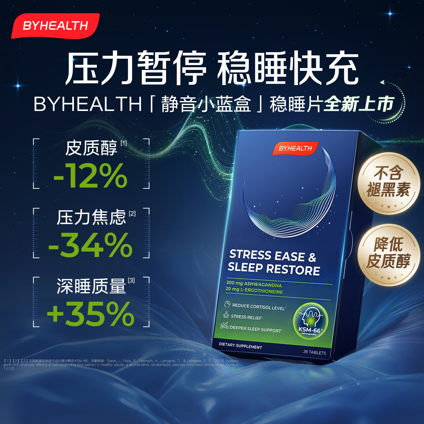 BYHEALTH小蓝盒稳睡片非褪黑素南非醉茄麦角硫因甘氨酸镁降皮质醇