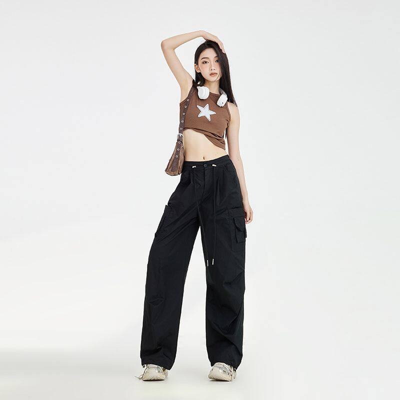 一裤两穿美式复古辣妹抽绳冰丝速干工装裤新款休闲伞兵裤子