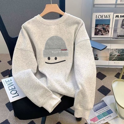 白灰色圆领纯棉卫衣宽松大码外套