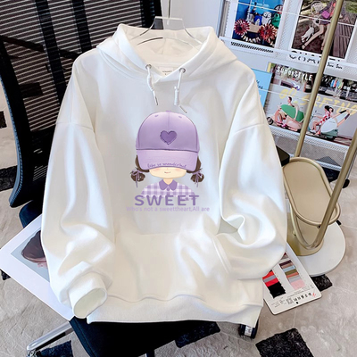 白色宽松潮牌纯棉连帽卫衣女加绒