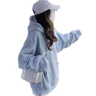 天蓝色加绒加厚连帽纯棉卫衣女高级感慵懒宽松春秋冬季中长款上衣