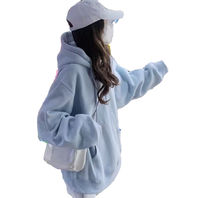 天蓝色加绒加厚连帽中长款卫衣女