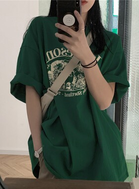 墨绿色短袖t恤女纯棉宽松慵懒风ins潮设计感小众学生半袖体恤上衣
