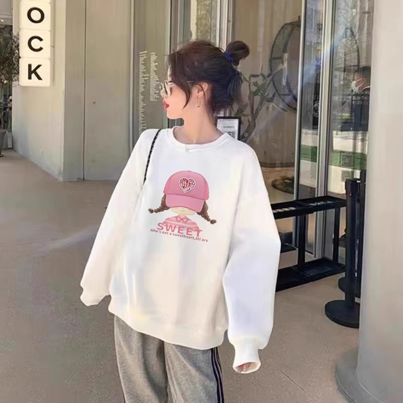 白色卡通圆领纯棉卫衣女加绒外套