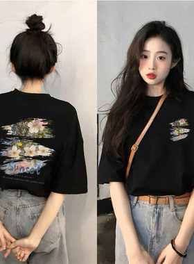 黑色短袖t恤女2025夏季新款宽松显瘦时尚女装设计感花朵印花上衣