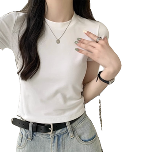 辣妹白色正肩短袖T恤女夏装高腰修身显瘦短款半袖上衣纯棉体恤夏