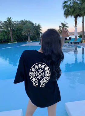 黑色潮牌纯棉短袖T恤女ins潮2025新款夏季oversize中长款下衣失踪