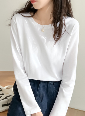 宽松白色长袖上衣女春秋新款纯色简约t恤圆领打底衫2026新款纯棉