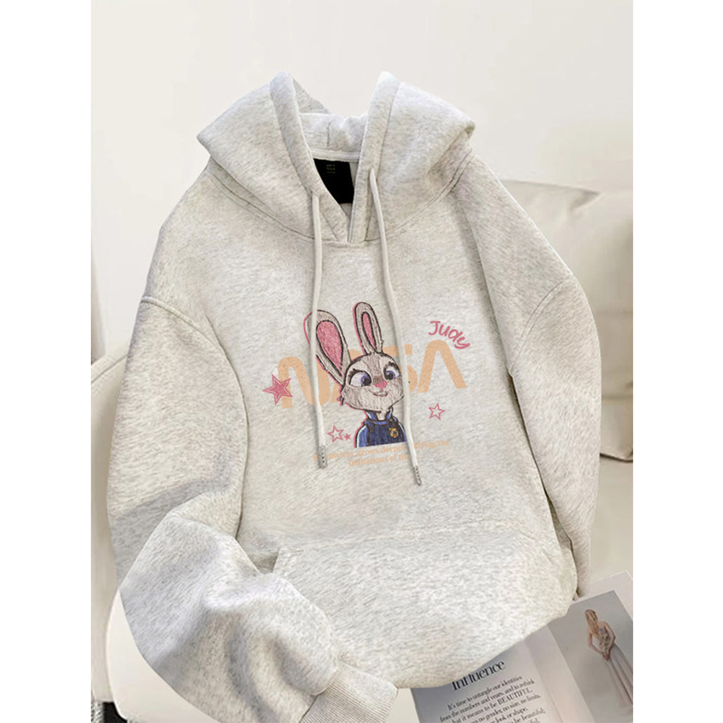 卡通兔子白灰色连帽纯棉卫衣外套
