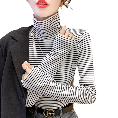 条纹德绒堆堆高领长袖t恤打底衫